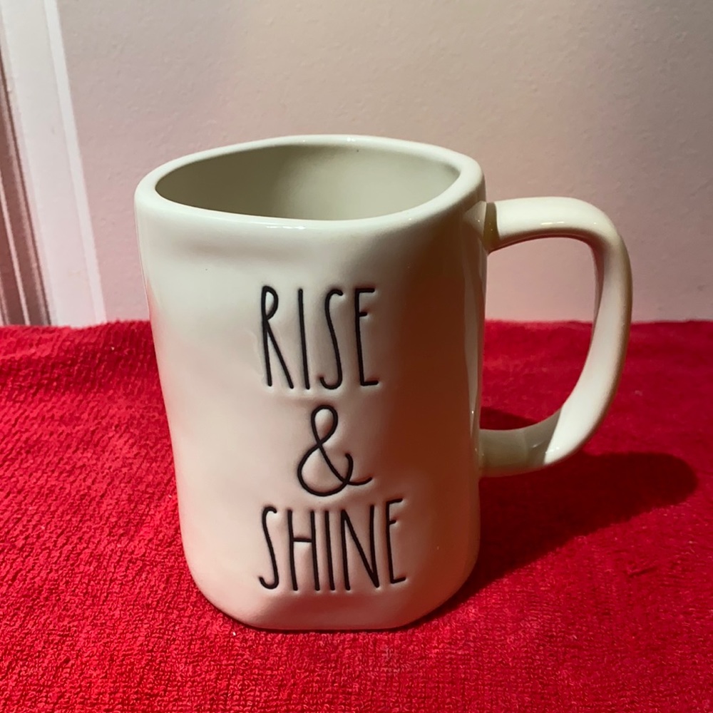Rae Dunn mug with “Rise and Shine” text